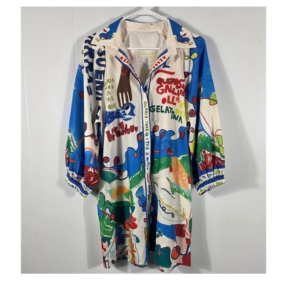 The Unbranded Brand Tops - Artistic Graphic Print Mini ShirtDress 3/4 Sleeve Colorful Casual size L